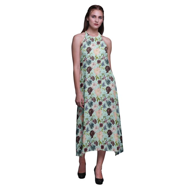 Bimba Robe Décontractée Florale Longue Dos Nu à Col Licou pour Femmes, Robe de Plage Imprimée - X-Grand