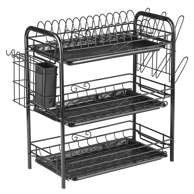Amdohai 3-Tier Rustproof Dish Drying Rack Carbon Steel Dish Rack Multifunctional Organizer Dish Drainer with Drainboard Hooks Utensil Holder