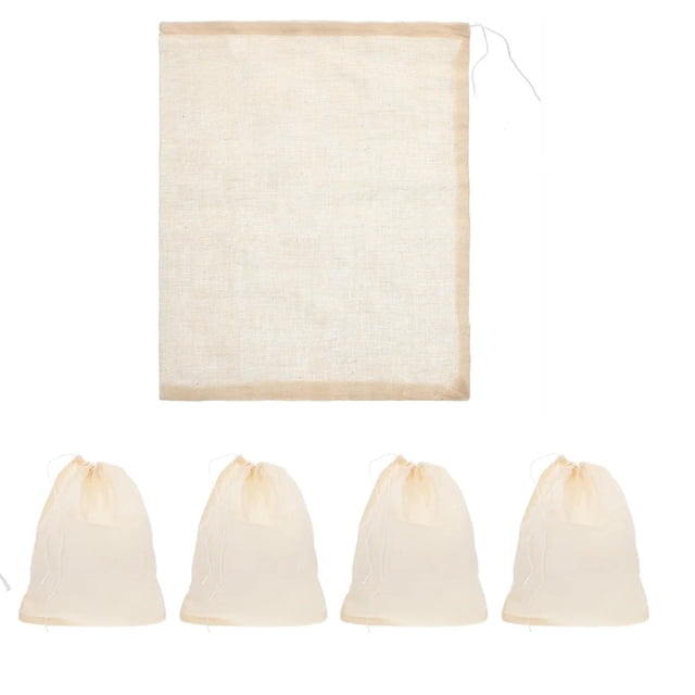 Classic Kitchen Accessories, Cooking Cheesecloth Bags Straining Bags Reusable Soup Bags Soup Socks displayed in a set of five. Made of white mesh cotton cloth with drawstring closures, these reusable specialty cookware items are ideal for filtering impurities in soups, grains, herbs, and broths. Large capacity for multiple servings, suitable for kitchen straining tasks.