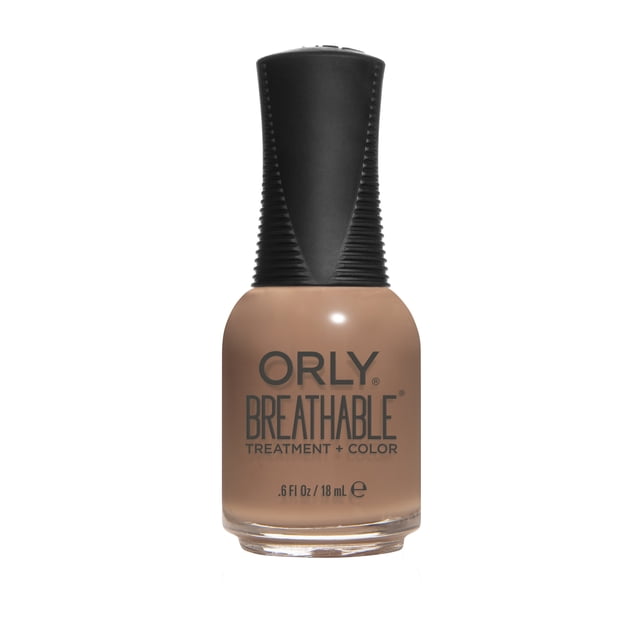 Orly Nail Breathable Treatment + Color - Trailblazer 2010008, a .6oz/18mL nail polish in a neutral beige shade. Features a long-lasting, 13-free formula infused with Argan oil, Pro Vitamin B5, and Vitamin C for stronger, healthier nails. The bottle has a black ribbed cap and a smooth, shiny finish.