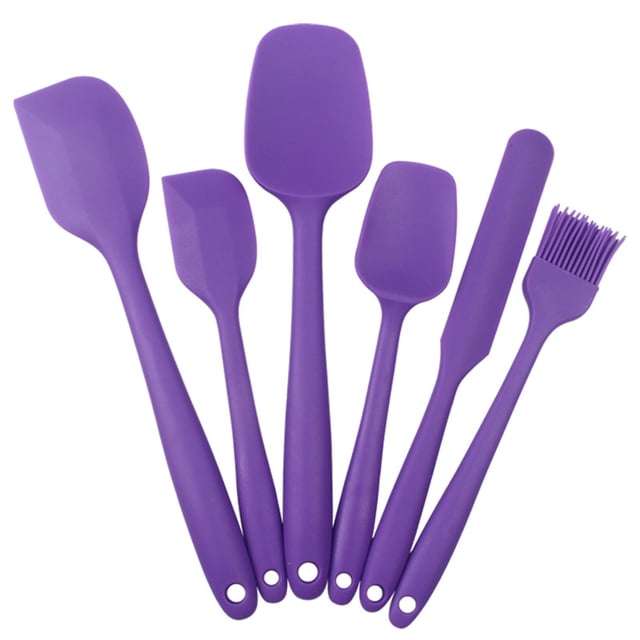 Rbaofujie Camping Kitchen Essentials 6 Piece Spatula Set featuring six purple silicone spatulas with a seamless one-piece design. Includes a variety of spatulas for cooking, baking, mixing, and icing. Made with heat-resistant silicone up to 600°F and a stainless steel core for durability. Nonstick, BPA-free, and dishwasher safe, suitable for nonstick cookware. Ideal for home kitchens, outdoor BBQs, and professional use.