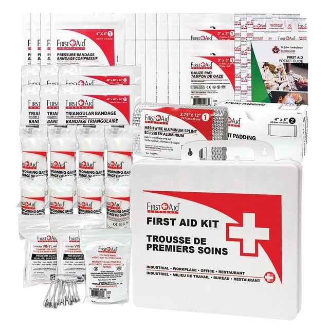 First Aid FAC-ONT02P ONTARIO Section 9 First Aid Kit designed for workplace environments, covering 6 to 15 employees. The kit includes a variety of medical supplies such as gauze pads, triangular bandages, pressure bandages, aluminum splint, safety pins, and a first aid pocket guide. All items are housed in a durable white plastic case measuring 9-1/2 x 9-1/2 x 3 inches, with bilingual labeling in English and French.