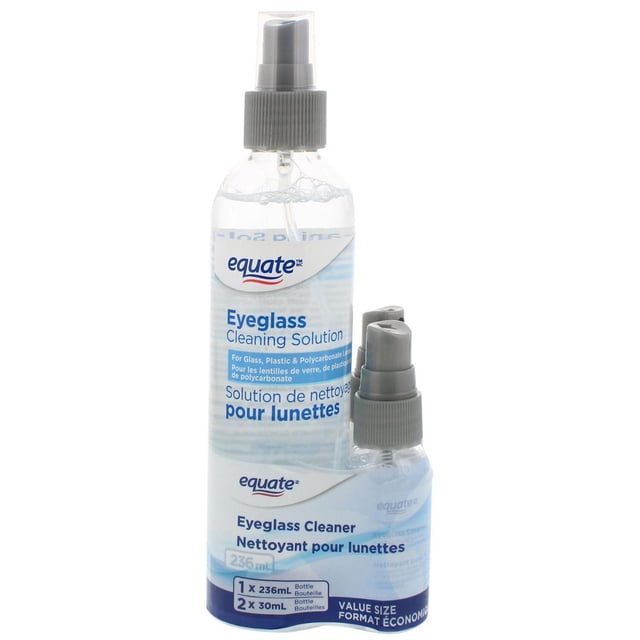 Equate Eyeglass Cleaner Spray Trio with one 236ml bottle and two 29.5ml spray bottles of clear cleaning solution, safe for all lens types including anti-reflective, anti-glare, blue light, and polarized lenses, suitable for eyeglasses and electronic lenses.