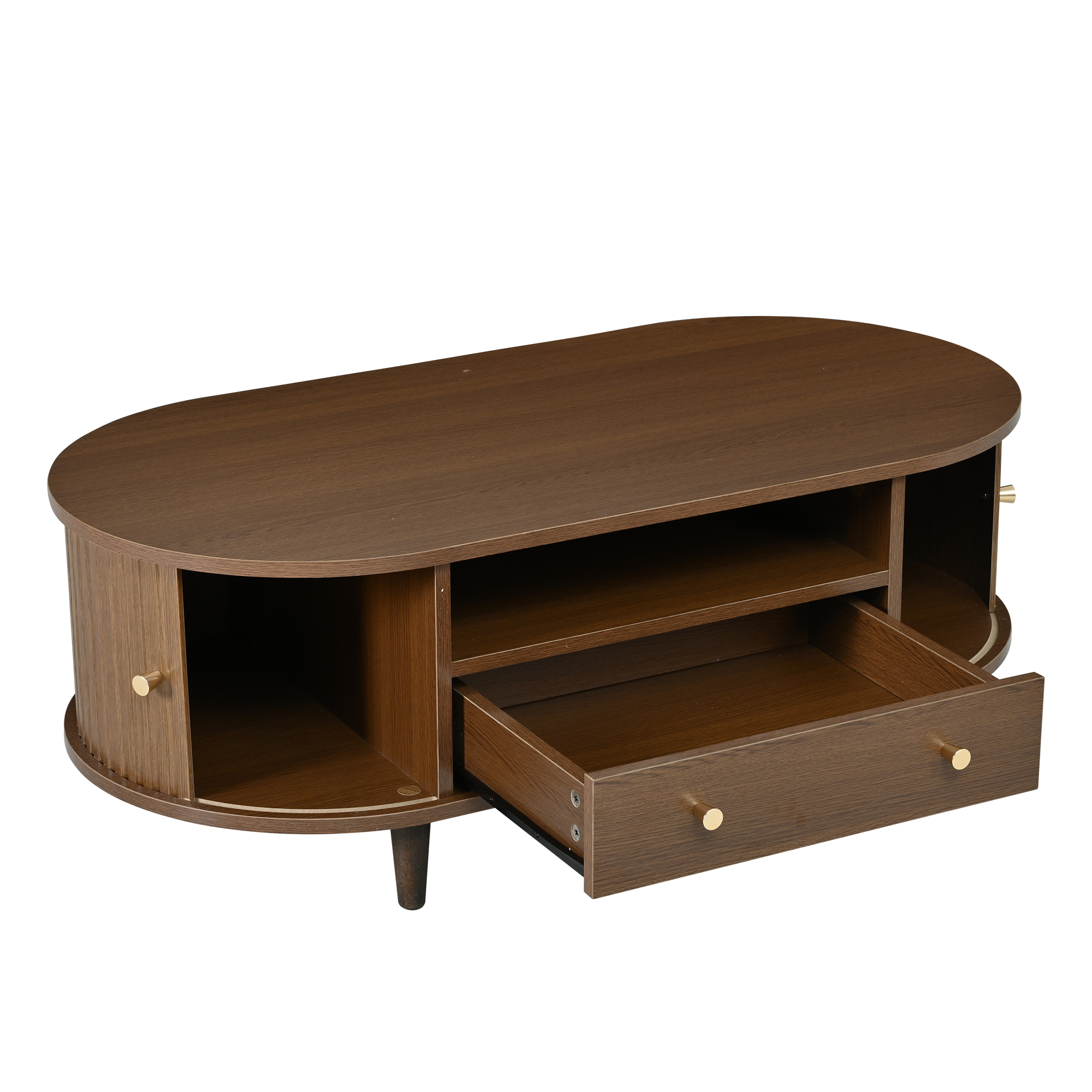 Homy Casa table basse ovale noyer avec tiroir, tablette ouverte et portes tambour pour le salon