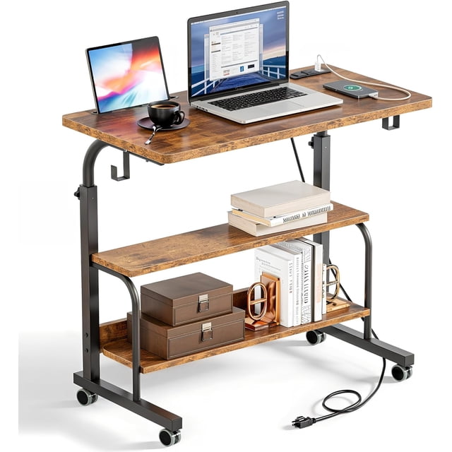 Table d'Appoint Salon Pouces Bureau pour Ordinateur Portable Support de Travail Réglable Table d'Appoint Mobile avec Station de Recharge Multifonctionnelle et Crochet Poste de Travail Portable Table à Collation Petite pour Étudiant