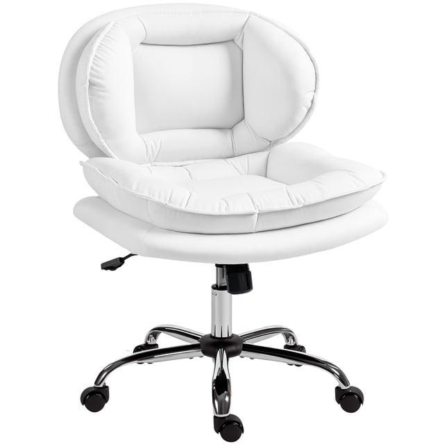 HOMCOM Chaise de Bureau à Croisillons avec Roues, Chaise de Bureau Grand Sans Accoudoirs, Blanche. Cette Chaise Présente un Siège Grand et Rembourré avec Rembourrage en Coton à Double Niveau pour s'Asseoir en Tailleur. Fabriquée avec un Tissu leathaire Respirant et Imperméable, Elle Est Facile à Nettoyer et Idéale pour un Usage Quotidien. la Chaise Comprend une Hauteur Réglable, une Fonction de Bascule Douce, une Pivotement à 360 Degrés et des Roues Silencieuses pour une Mobilité Fluide. Elle a une base en Métal Électroplaquée avec un Levage au Gaz de Classe Trois pour la Stabilité. Dimensions : 23,6 Pouces de Large,