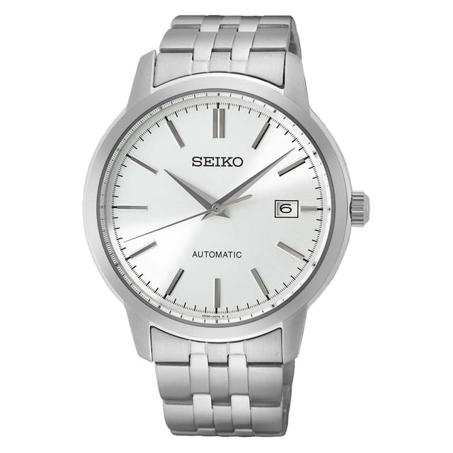 Seiko Essentials Automatic Men's Watch SRPH85, an analog watch with a stainless steel case and bracelet, silver dial, and automatic movement. Features include a round case shape with a 41.2mm diameter, Hardlex crystal, and a three-fold clasp with push button release. Water resistant up to 100 meters.
