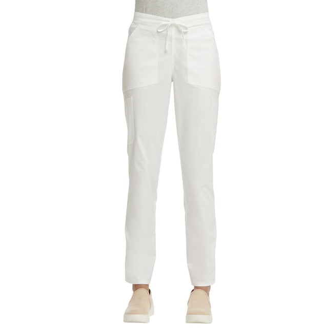 Scrubstar Women's Core Essentials Stretch Poplin Drawstring Scrub Pant in white, front view with straight leg fit, adjustable drawstring waist, and four pockets, paired with beige slip-on shoes and a grey top, ideal for medical workwear.