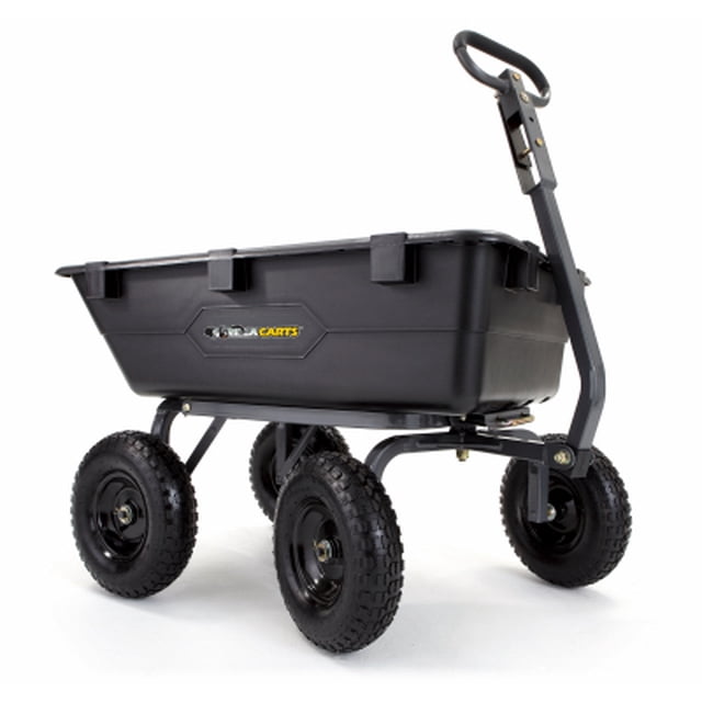 Gorilla Carts 6 Cu Ft Poly Yard Dump Cart with Quick-Release, 1200 lb Capacity, Black. Designed for garden tools and landscaping, it features a rust-resistant poly tub, 4-wheel stability, and 13-inch pneumatic tires for uneven terrain. Includes a quick-release dumping system and a convertible pull or tow handle for versatile hauling.