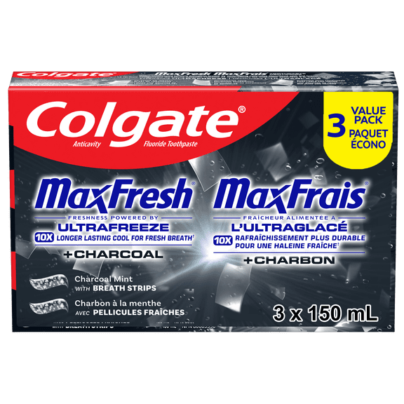 Colgate MaxFrais Dentifrice à la Menthe avec Charbon Paquet Écono 3x150ml