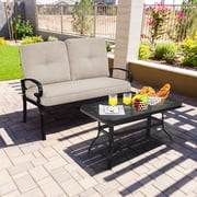 Costway 2PCS Patio Loveseat Bench Table Furniture Set Cushioned Chair Beige