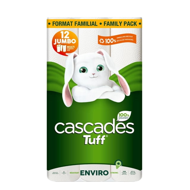 Cascades Tuff Essuie-Tout Enviro Format Familial avec 12 Rouleaux jumbo, Chacun Contenant 105 Feuilles d'Essuie-tout 2 Plis Faits de fibres 100 % Recyclées, Emballés dans un Emballage recyclable avec une Mascotte Lapin Blanche sur un Fond Vert.