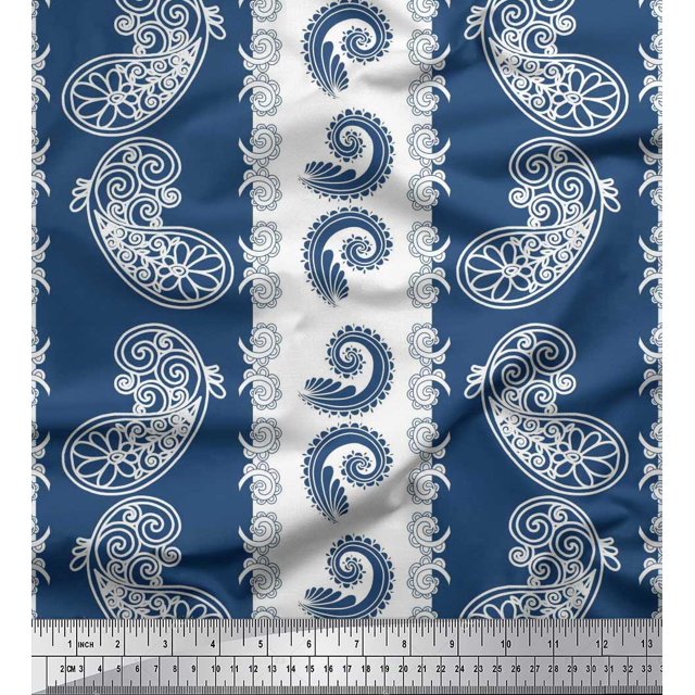 Soimoi White Modal Satin Fabric Stripe & Paisley Decor Fabric Printed Yard 42 Inch Wide