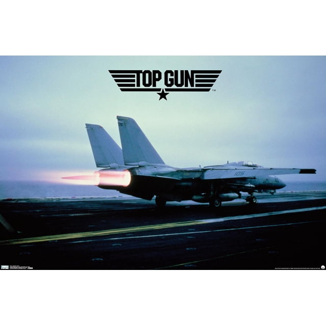 Top Gun - Affiche Murale d'Avion Maverick, 22,375 Pouces x 34 Pouces Montrant une Vue Latérale d'Un jet de Chasse Militaire avec des Pistolets Allumés sur un Pont de Porte-Avions au Crépuscule, avec le logo Top Gun au-Dessus. Cette Impression d'Art Mural Lustré Convient aux Chambres, Bureaux et Décor de Dortoir.