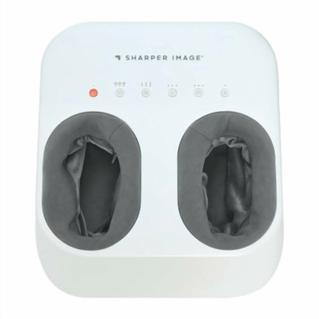 Sharper Image Shiatsu Foot Massager with deep kneading massage nodes, air compression therapy, and adjustable heat function. Features ergonomic foot wells with washable liners, a sleek white and gray design, and a remote control for easy operation. Accommodates up to men’s size 12 and women’s size 14.
