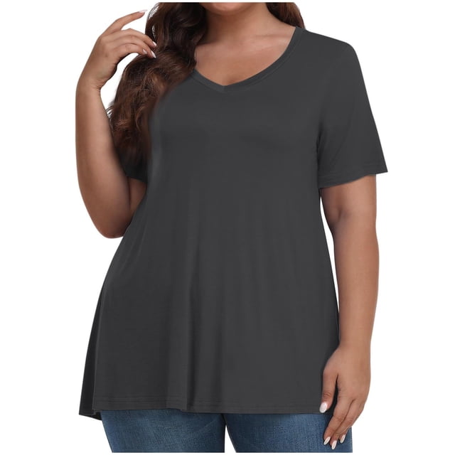 Timegard Womens Summer Tops Plus Size V-Neck Short Sleeve Comfy Long Tops Basic Tee Casual Loose Blouse