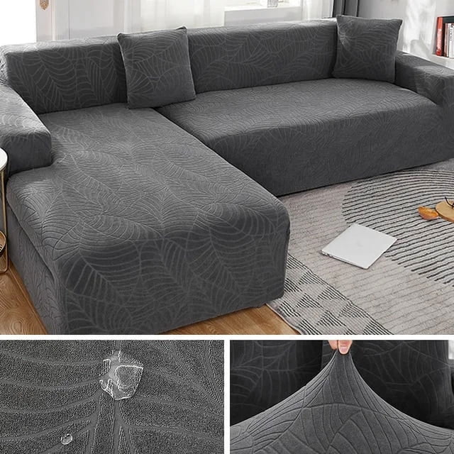 Waterproof Sofa Covers 1/2/3/4 Seats Jacquard Solid Couch Cover L Shaped Sofa Cover Protector Bench Covers in dark grey with a textured leaf pattern. The cover is fitted on an L-shaped sofa in a modern living room. Close-up images show the waterproof fabric, stretchable material, and snug fit, ideal for protecting against spills, stains, and wear.