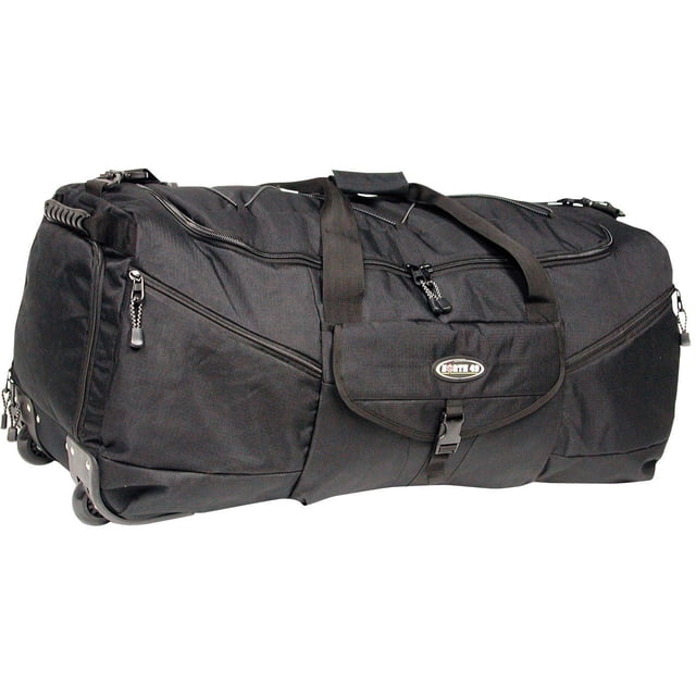 North 49 Rolling Sports Duffle in black 600 denier ripstop polyester with PVC backing, shown in a 3/4 profile view. Features include a large main zippered compartment, outer zippered and flap pockets with buckle closure, dual carry handles, detachable shoulder strap with plastic shoulder patch, wheels, and a retractable pull handle for easy rolling. Ideal for travel, camping, and sports gear storage.
