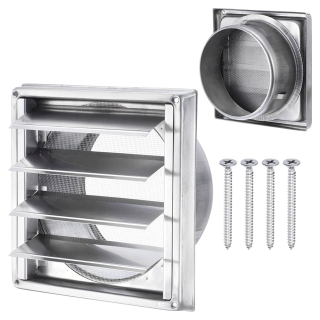 Unique Bargains Évent de Sécheuse de 6 Pieds en Acier Inoxydable 304, avec Conception à Persiennes, Volets Auto-Fermants et Grille d'Écran. l'Évent Comprend une Grille Métallique Démontable pour un Nettoyage et un Entretien Faciles. Il Est Fourni avec Quatre Vis pour une installation Rapide et Convient aux Tuyaux d'Évent de 6 Pouces dans les Salles de Bain, Cuisines, Buanderies et Milieux Industriels. Dimensions : 184x184x51 mm avec un Diamètre de 145 mm et une distance de Trou de Montage de 167 mm.