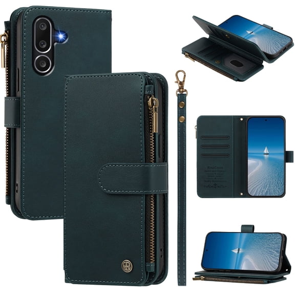 Samsung Galaxy M56 Wallet Cover with Zipper Pocket, Green
