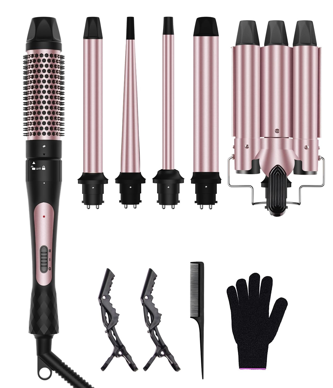 6 in 1 Curling Iron, 3 Barrel Curling Iron Set with Curling Brush (1.5inch) and 5 Interchangeable Ceramic Curling Wand(0.35"-1.25"), 2 Temp Heating Se