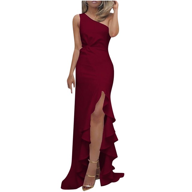 Pompotops Women Sleeveless Slanted Shoulder Solid Color Sexy Slit Ruffled Evening Gown Dress