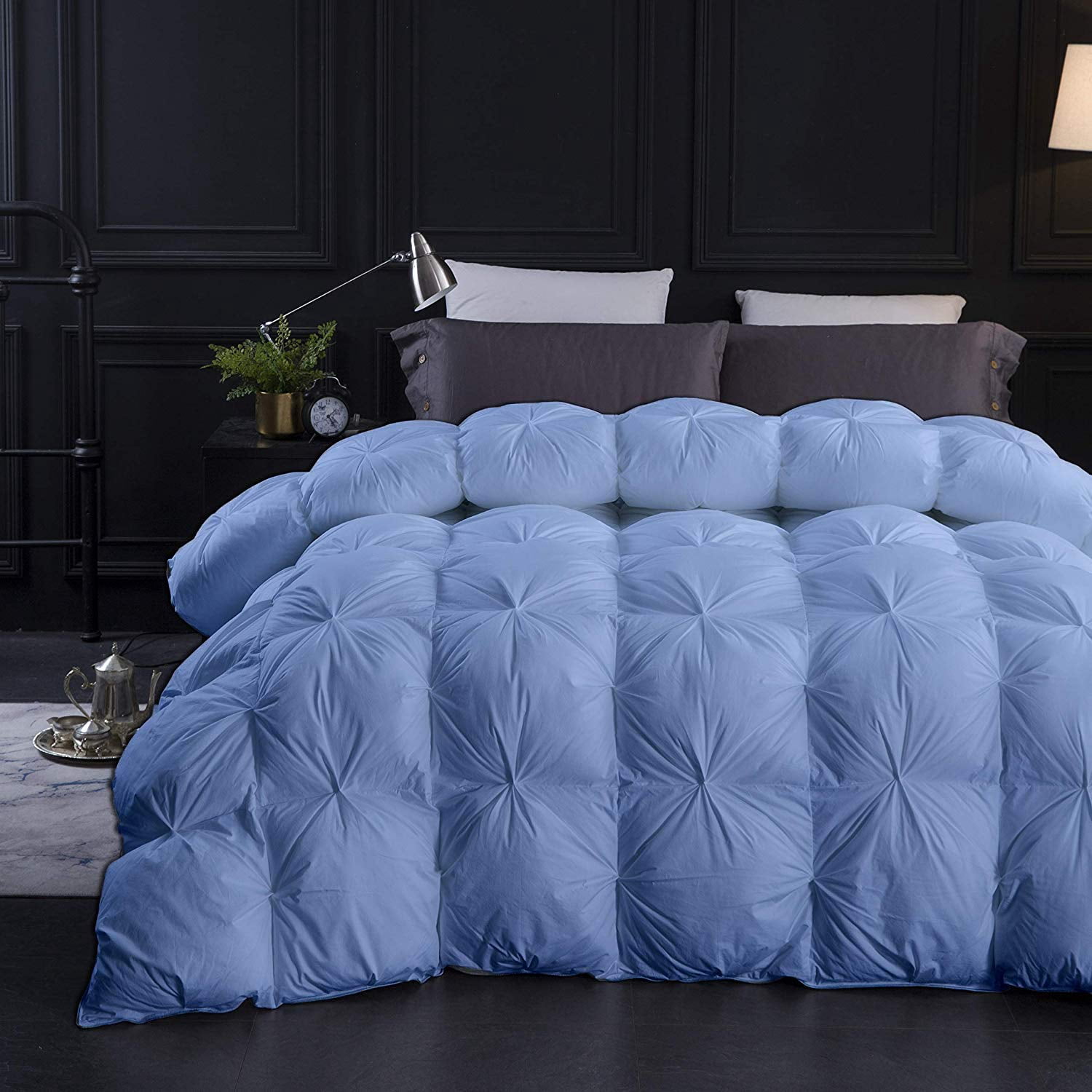 Light Blue All Season Down Pin-Tuck Comforter- Eastern King Size 118 x 110 Inches 1 pc Pinch Pleated Comforter 600 GSM & 4-Corner Tab's 100% Egyptian Cotton- Light Blue Solid