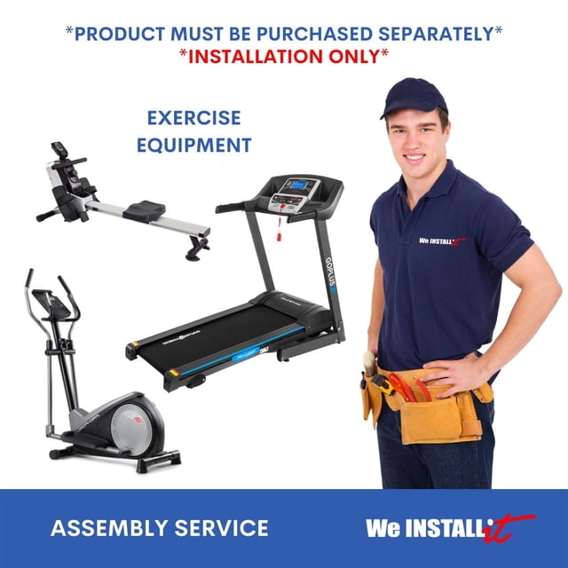 Home Installation Service for Exercise Machines by We Install It Services. The image features a professional installer in a We Install It uniform with a tool belt, alongside exercise equipment such as a treadmill, rowing machine, and elliptical. Text emphasizes that the service is for installation only and the equipment must be purchased separately.