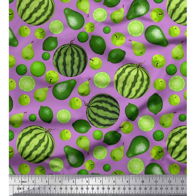 Soimoi Polyester Crepe Fabric Pear,Lemon & Watermelon Fruits Print Fabric by The Yard 52 Inch Wide