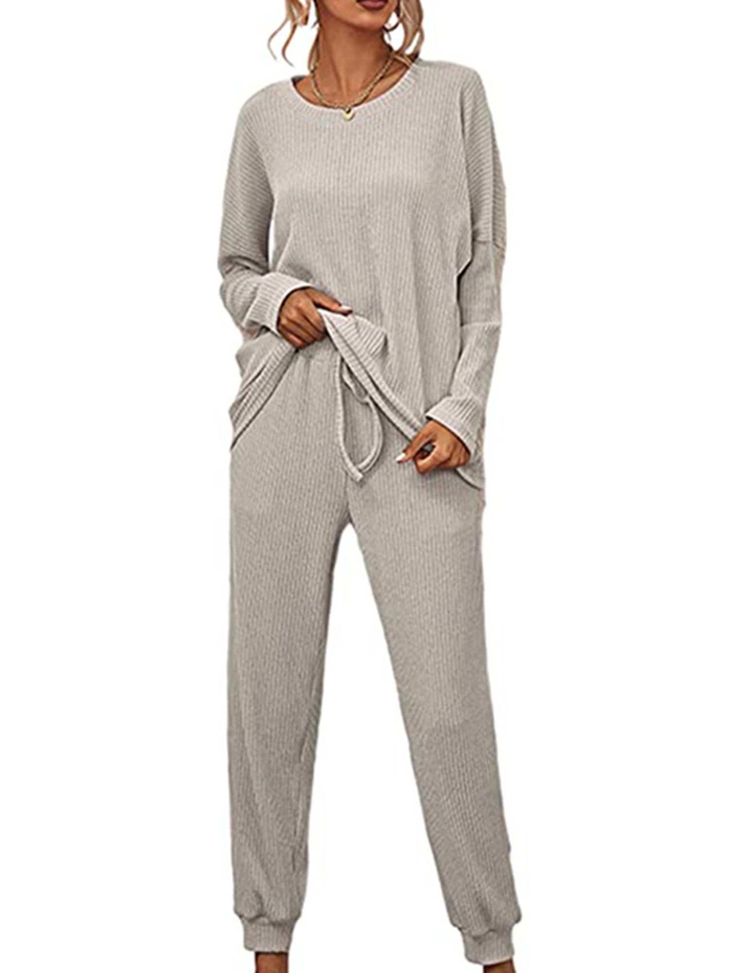 Innerwin Loungwear Elastic Waist Ladies Nightwear Sleep Drawstring With Pockets Sleepwear Gray L