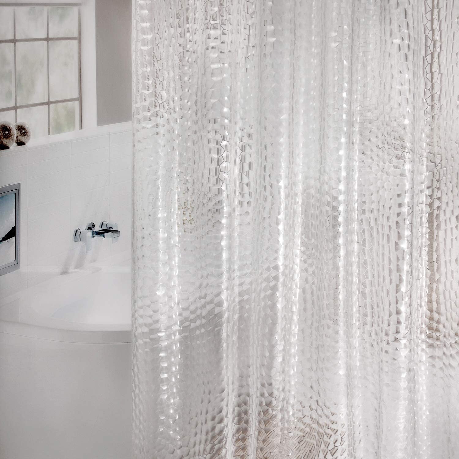 Heavy Duty EVA Shower Curtain Liner with Magnets - Waterproof Clear Bathroom Shower Curtains in 3D Water Cube Design