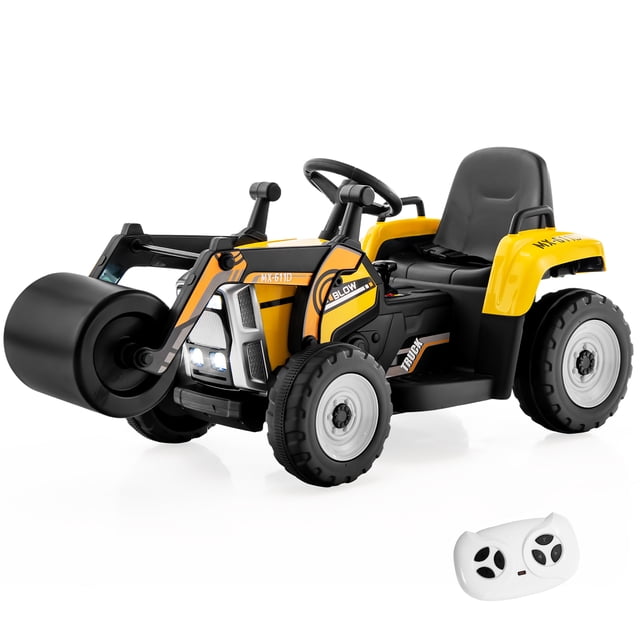 Costway Rouleau Compresseur pour Enfants 12 V Tracteur Électrique Télécommandé avec Musique et Lumière DEL Jaune