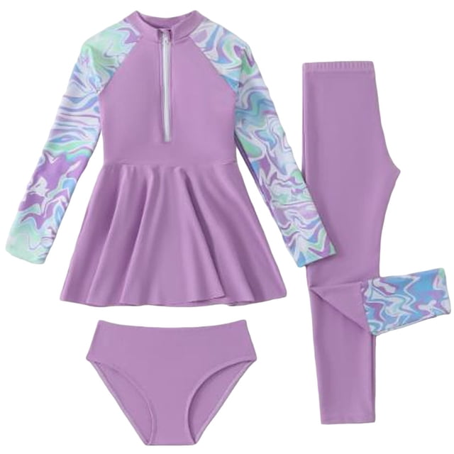 Yanlir Girls Floral Print Long Sleeve Swimwear Set 3 Piece Rash Guard with Pants UV Protection Swim Suit for Kids Beach Pool Play Quick Dry Active Wear Modest Youth Swim Outfit(Purple,12-13 Years)