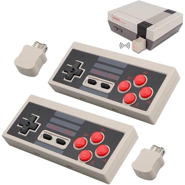 2pcs Wireless Game Controller for NES Classic Edition by XYCCA, featuring a 2.4GHz RF wireless connection with a range of 5-7 meters. The set includes two white controllers with red and black buttons, Turbo A and Turbo B functionality, and two wireless receivers. Compatible exclusively with the Nintendo NES Classic Edition console. Powered by 2 AAA batteries (not included).