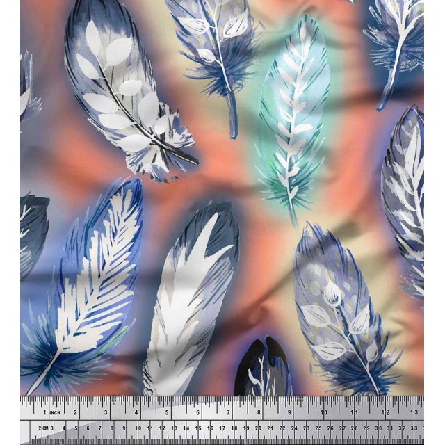 Soimoi Poly Georgette Fabric Leaves & Feather Decor Fabric Printed Yard 52 Inch Wide