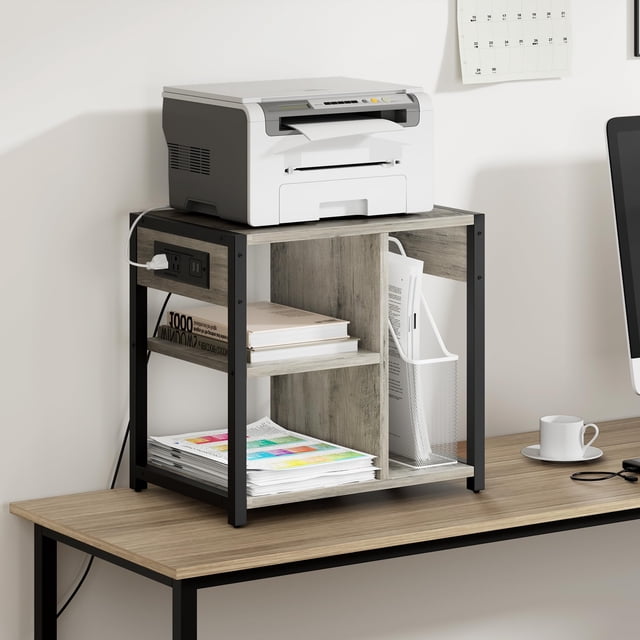 Kojooin Printer Stand with USB Charging Ports & Power Outlets, 3-Tier Storage Rolling Cart for Home & Office