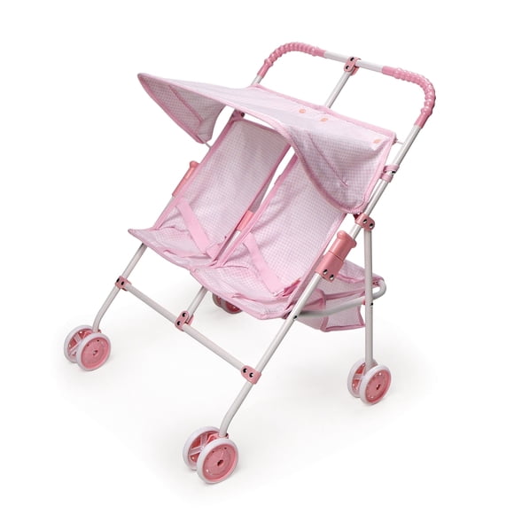Badger Basket Toy Doll Folding Double Umbrella Stroller with Canopy for 18 inch Dolls - Pink/Gingham