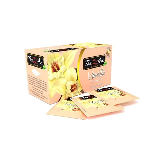 Tea4U Vanilla Black Tea, a box of 25 Ceylon tea bags, featuring a beige and yellow packaging with vanilla flower illustrations. The box highlights the sustainably and ethically sourced tea from Sri Lanka, with individual tea bags displayed in front.