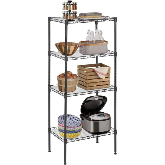 FDW Étagère Grillagée à 4 Niveaux, Étagère de Rangement 18 Pouces L x 12 Pouces L x 44 Pouces H avec Tablettes en PP pour Cuisine, Salle de Bain, Buanderie et Garage, Métal, Noir