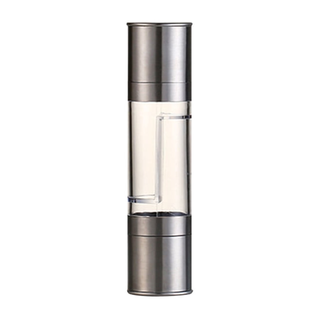 Japceit Pepper Grinder Set Double Head Pepper Grinder Manual Pepper Mill Grinder Refillable Pepper Grinder. A silver stainless steel and acrylic pepper grinder with a 2-in-1 design combining two spices in separate compartments. Features adjustable ceramic abrasive core for customizable coarseness. Compact size of 20.3 x 5 x 5 cm, suitable for dining, entertaining, and as a stylish addition to serveware collections.