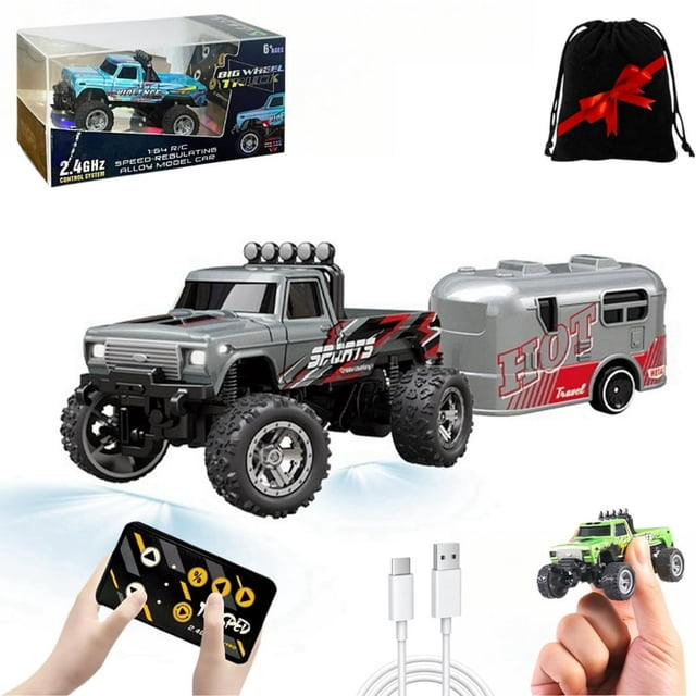 Mini Rc Monster Truck 1/64 Scale Monster Truck with Lights 2.4Ghz Remote Control Car Rechargeable Mini Monster Truck Rc Alloy Rc Semi Truck for Kids Gifts Speed Adjustable