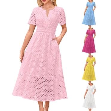 WRKEKC Robe Maxi à Manches Courtes en Dentelle Ajourée à Col en V pour Femme avec Ourlet Plissé Robe d'Été Bohème