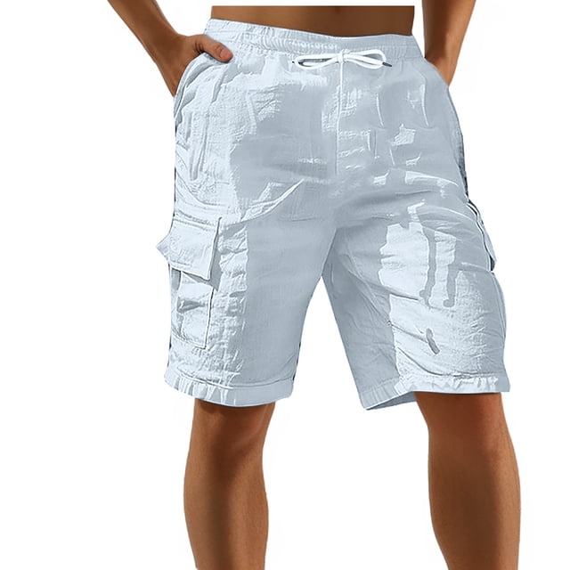 asjyhkr Mens Cargo Shorts Lightweight Breathable Linen Shorts with Multi Pockets Drawstring Elastic Summer Beach Shorts