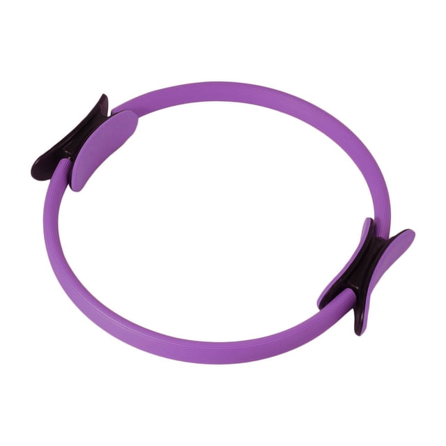 Zenzation Pilates Ring, a 15-inch purple resistance ring with black foam padded inner and outer contoured handles, shown from a top angle on a white background, designed to improve core strength, flexibility, and tone muscles in thighs, arms, chest, and abs, also suitable for Pilates and barre workouts.
