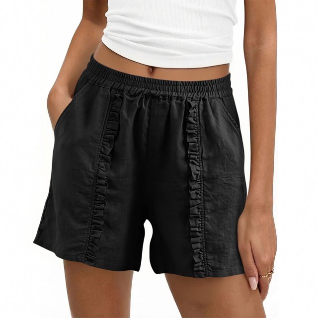 LVHAOGJOB Womens Cottton Linen Shorts Plus Size with Pockets Summer Drawstring Solid Color Black Shorts Pants for Ladies Elastic Waist
