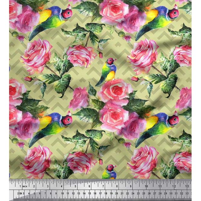 Soimoi Modal Satin Fabric Bird,Leaves & Rose Floral Print Sewing Fabric Yard 42 Inch Wide