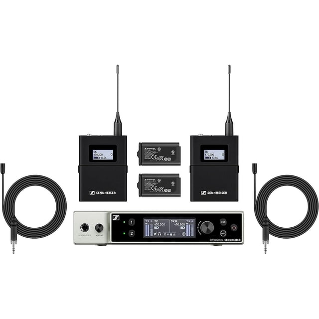Sennheiser EW-DX MKE Ensemble de 2 Systèmes de Microphone Cravate Double avec Deux Émetteurs bodypack Noirs Dotés d'Antennes et d'Affichages de Fréquence Numériques, Deux batteries Rechargeables, un Récepteur Double Canal Argent et Noir avec Bouton de volume, Prise pour Écouteurs et Écran LCD, plus Deux Câbles audio Bobinés Noirs de 3,5 mm, Convient à l'Audio Professionnel et à l'Utilisation en Direct.