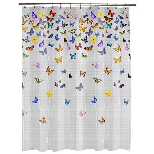 Rideau de Douche en PEVA Flutterby Mettant en Vedette des Papillons Colorés sur un Blanc Translucide, Matériau PEVA Imperméable à texture de Grille Subtile, Mesurant 70 X 72 Pouces, avec 12 Trous pour Boutons pour une Suspension Facile sur Toute Tringle de Douche standard, Utilisé Souvent comme Séparateur Décoratif de Pièce.