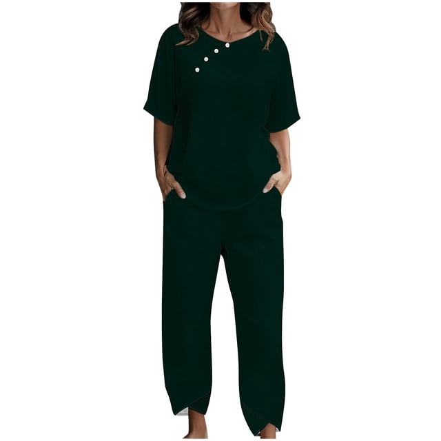Yuyuzo Ensembles Détente pour Femmes, Hauts à Col Rond à Boutons, Pantalons Amples avec Poches, Ensemble Assorti d'Été 2 Pcs