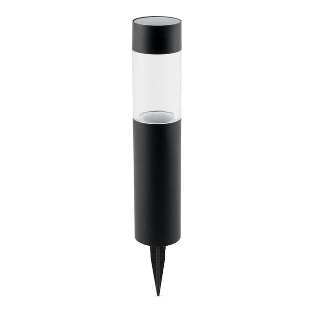 Mainstays Plastic Solar Landscape Black Round Bollard Pathway Light with a black cylindrical plastic body and clear lens, equipped with a pointed stake for outdoor installation, providing 10 lumens of warm white LED light powered by a rechargeable solar battery, ideal for illuminating gardens, pathways, and driveways.
